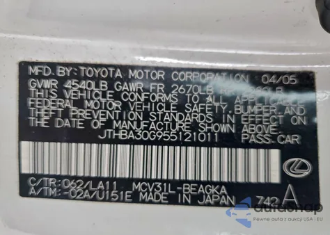 2005 Lexus Es 330 from USA, damaged, VIN JTHBA30G955121011